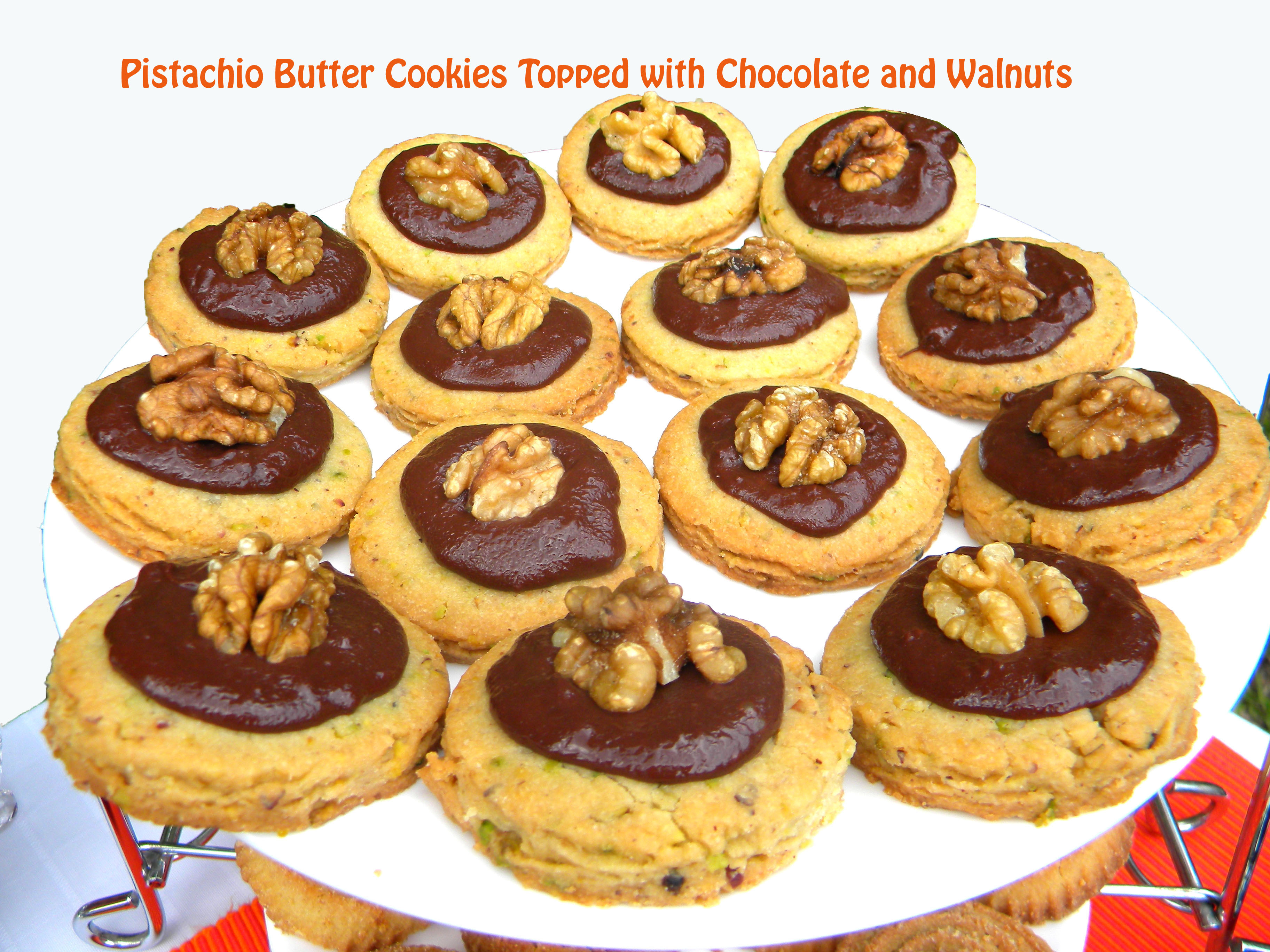 Pistachio Butter Cookies Topped with Chocolate and Walnuts