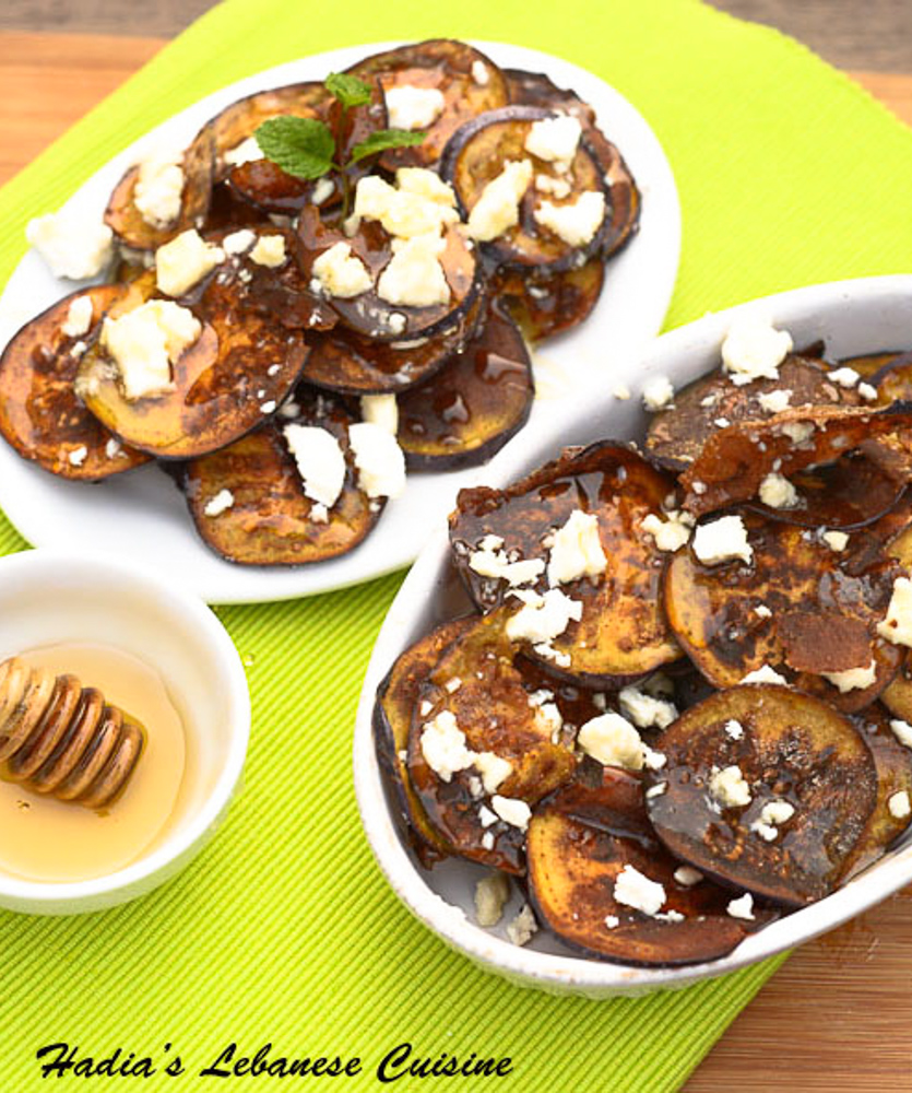 Eggplant Chips with Feta and Honey...This is a treasured Spanish Tapa that has been given to me by our dear friend David Carreras....