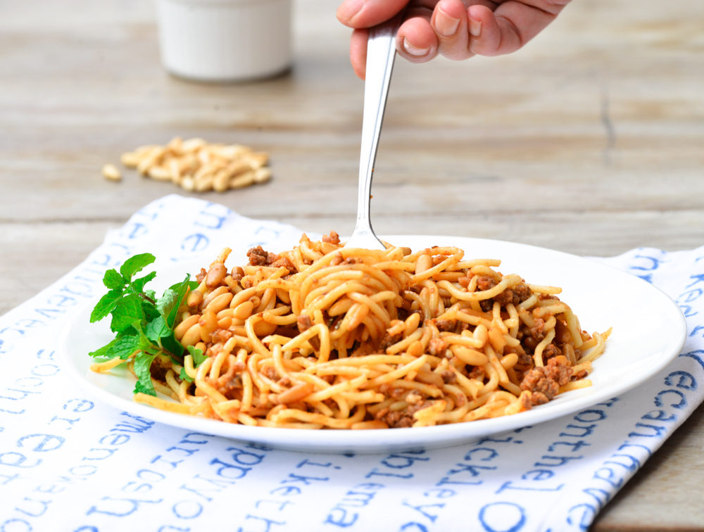 Lebanese Style Meat Spaghetti with Pine Nuts and Tomato Sauce