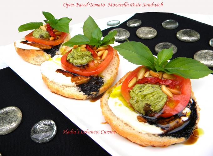 Open-Faced Tomato Mozzarella Pesto Sandwich