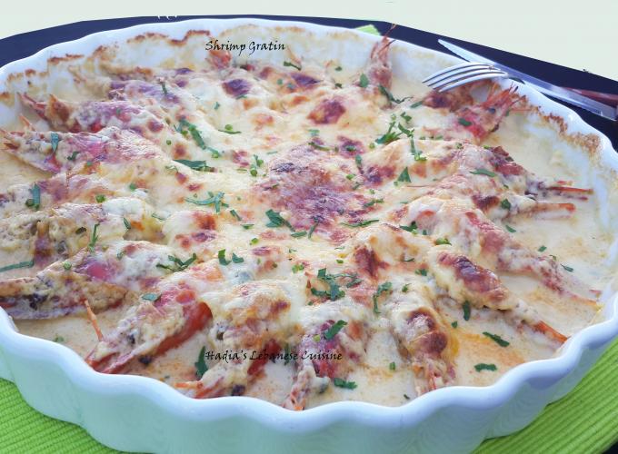 Shrimp Gratin.  A warm comforting and a full of flavor shrimp gratin, shrimp with a creamy white sauce that is seasoned with brine capers and Dijon mustard and covered with Swiss cheese.