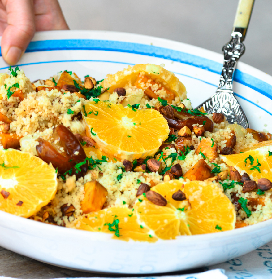 Couscous Salad with Roasted Sweet Potatoes and Fried Dates