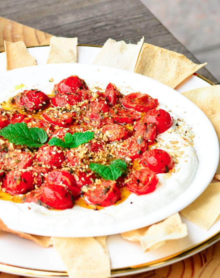 Labneh with Garlicky Cherry Tomatoes and Dukkah